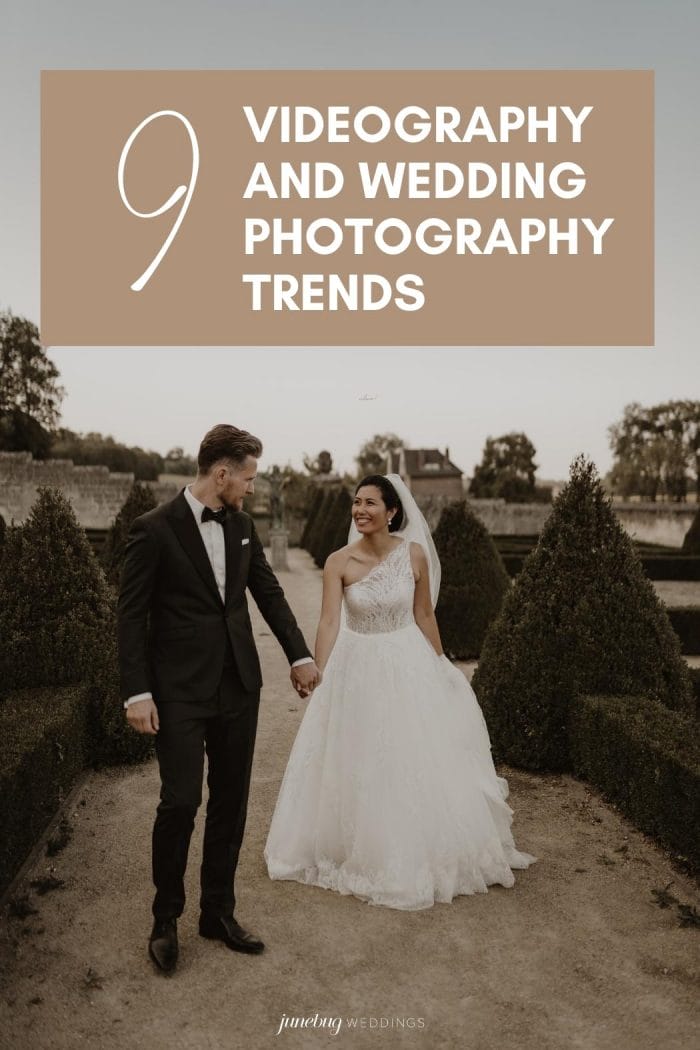 gráfico de tendencias de videografía y fotografía de bodas con una pareja en un jardín
